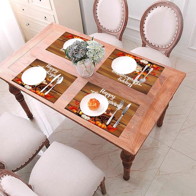 PVC Placemats Set of 1 Wipeable Table Mats Washable Heat Resistant Non Slip Vinyl Dining Table Mat for Kitchen Indoor Outdoor Patio Farmhouse Place Mats Thanksgiving Pumpkin Cart Decorative