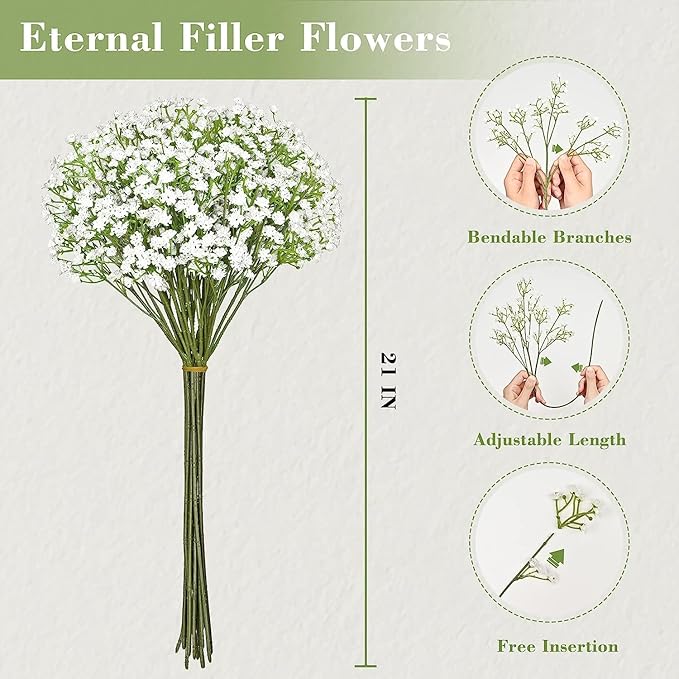 Yastouay 60Pcs Babys Breath Artificial Flowers, Fake White Babys Breath Flowers Artificial Bulk, Real Touch Faux Babies Breath Gypsophila Bouquet for Wedding Floral Arrangement Party Decor