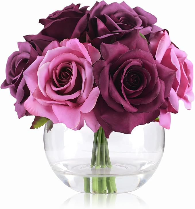 WELL KNOWN Silk Purple and Pink Roses Bouquet in Vase, Artificial Fake Flowers Arrangements in Glass Vase with Faux Water for Home Office Hotel Birthday Wedding Party Table Decoration & Mom's Gift