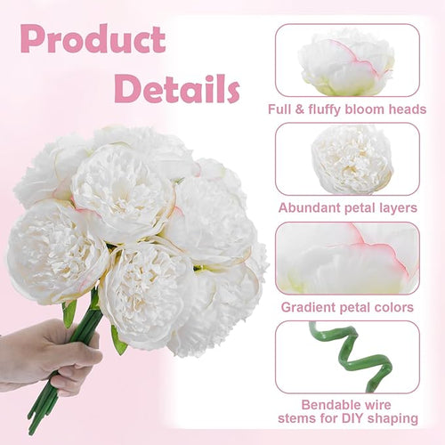 10PCS White Realistic Artificial Flowers Peony Fake Silk for Home Office Wedding Table Centerpieces Party Festival Bar Decoration Indoor
