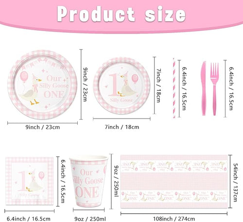 141pcs Silly Goose Birthday Party Decoration Pink Bow Silly Goose Baby Shower Decor Funny Table Gift for girls 1st Birthday Baby Shower Plates Cups Napkins Forks Knives Straws,Suitable for 20 Guests