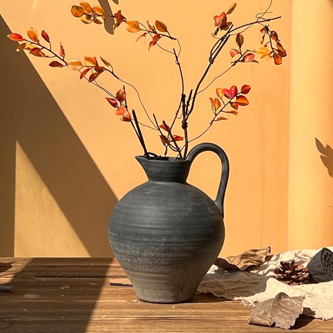Ceramic Rustic Farmhouse Vase with Handle, 8.7 Inch Black Vintage Vase, Rustic Ceramic Pottery for Home Decor, Farmhouse Decor Centerpiece for Kitchen, Living Room, Entryway