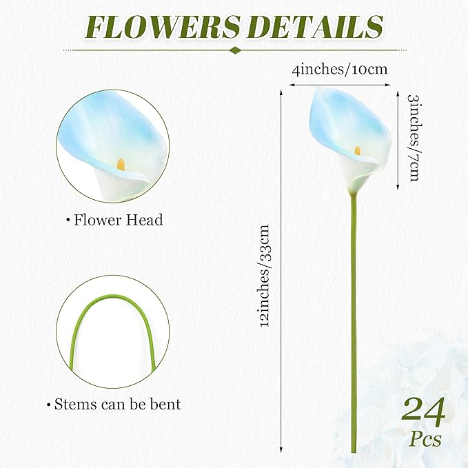 24 Pcs Artificial Calla Lily Flowers Light Blue Fake Silk Flowers Real Touch for Wedding Bouquet Office Home Kitchen Decor (White Blue)