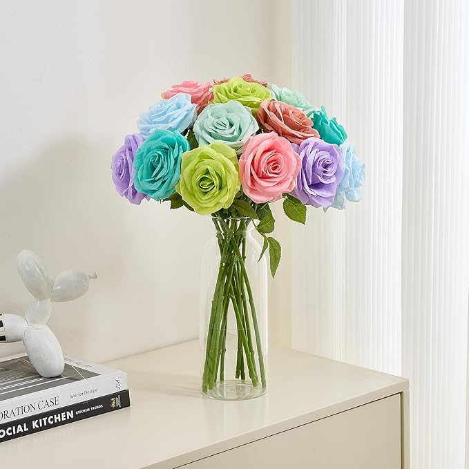 15pcs Green Fake Roses Artificial Silk Flowers Faux Rose Flower Long Stems Bouquet for Arrangement Wedding Centerpiece Party Home Kitchen Decor