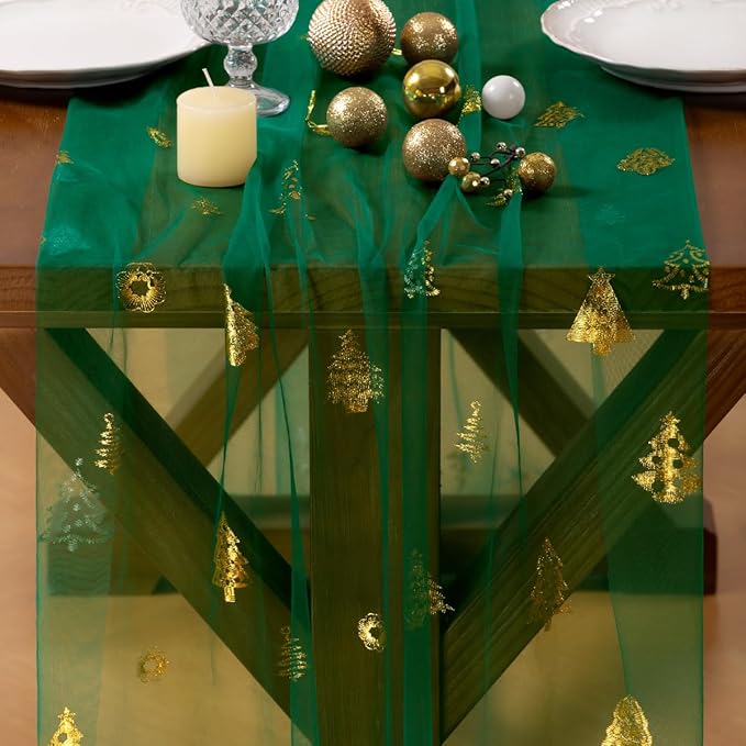 Socomi Christmas Tree Table Runner Gold Gauze Sheer Chiffon Cheesecloth Sequin 10FT Glitter Metallic Foil Dining Wedding Birthday Party Winter Holiday Centerpiece Table Decor 3pcs Emerald Green