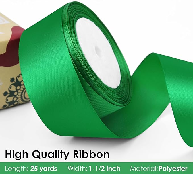 25 Yards 1.5 inch Satin Ribbon, Solid Color Fabric Ribbon Perfect for Gift Wrapping, Wedding, Handmade Bows, Floral Bouquets and Party Decoration(Green)