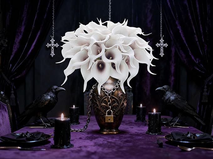 24 Pcs Artificial Calla Lily Flowers Fake Silk Flowers Real Touch for Wedding Bouquet Office Goth Home Kitchen Decor (White Black)