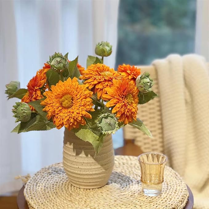 Kimura's Cabin 5Pcs Fake Sunflowers Flowers Long Stems Faux Sunflower Flowers Artificial Silk Bouquet for Wedding Autumn Home Garden Birthday Party Kitchen Table Decor (Orange Yellow)