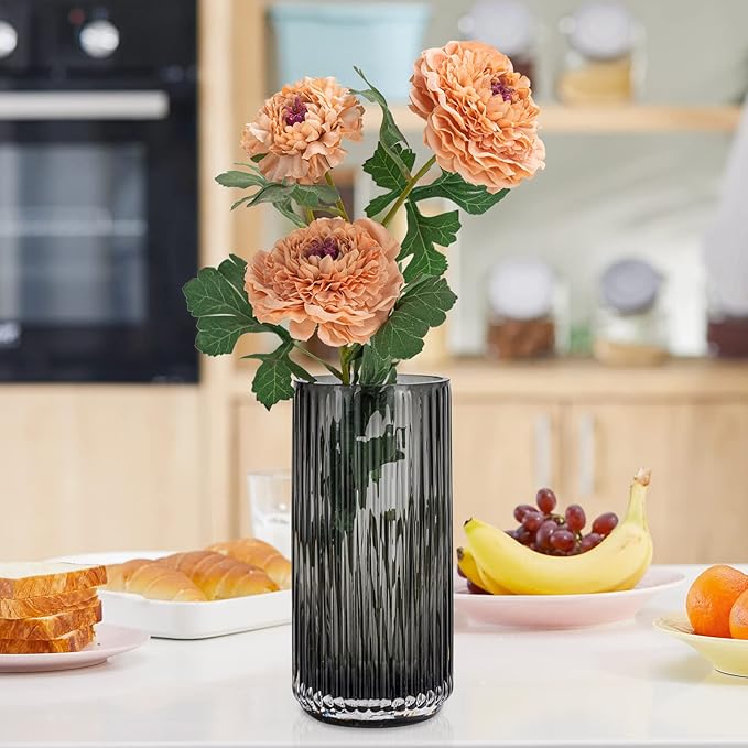 Flower Vase 9.7 inch Grey Thickened Hand Blow Glass Vase Round Vintage Striped Bottles for Bookshelf,Dinner Table,Indoor Office Desktop,Meeting Room,Bathroom,Countertop,Home