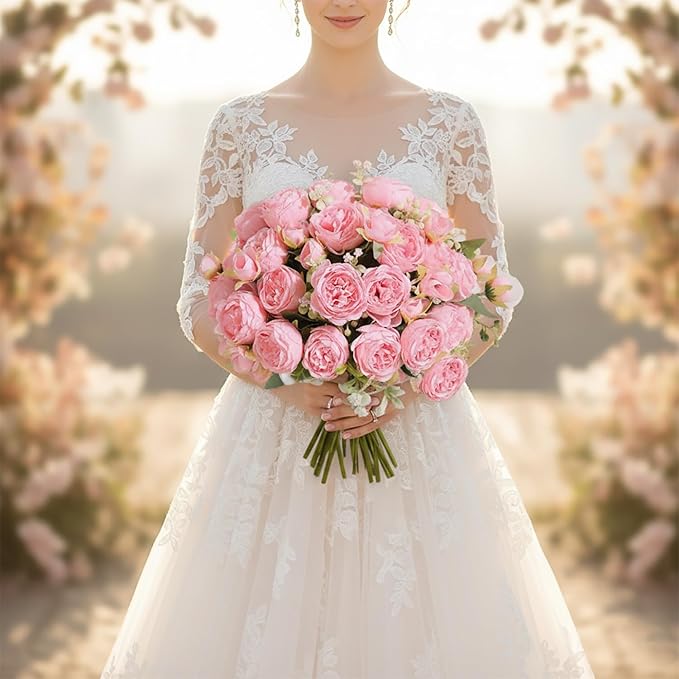 Peonies Artificial Flowers 12 Bundles Pink Flowers Bouquet, Lifelike Silk Fake Peonies with Stems for Home Table Centerpieces, Wedding, Party & DIY Bridal Floral Arrangements (Light Pink)
