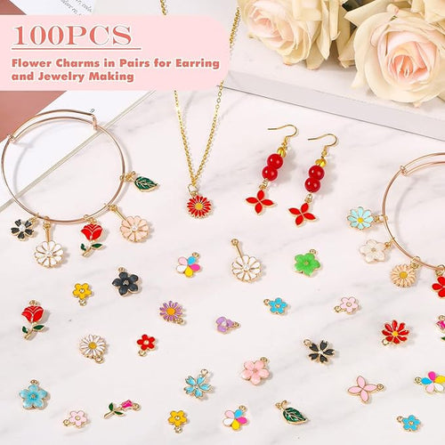 100Pcs 50 Pairs Flower Charms for Jewelry Making, Wholesale Assorted Enamel Mixed Bulk Metal Earring Charms for DIY Necklace Bracelet Earring Jewelry Making and Crafting