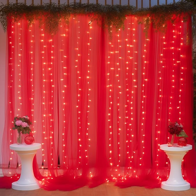 30ft x 10ft Red Backdrop Curtain with Lights String for Parties, Sheer Tulle Wedding Photo Backdrops Drapes for Baby Shower Birthday Party Decorations Background for Photography