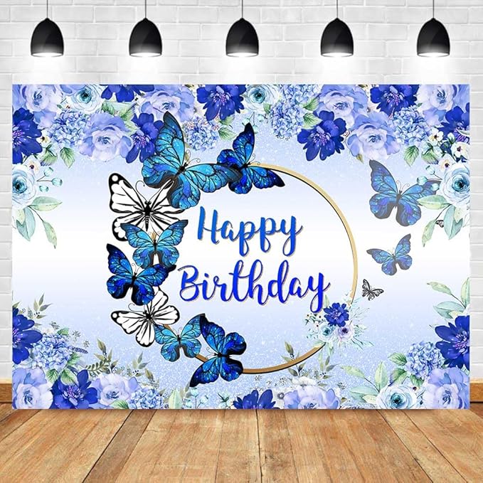 Butterfly Happy Birthday Backdrop Royal Blue Floral Photography Background Women Girls Blue Flowers Birthday Wishes Party Decorations Banner Supplies Photo Booth 8x6ft