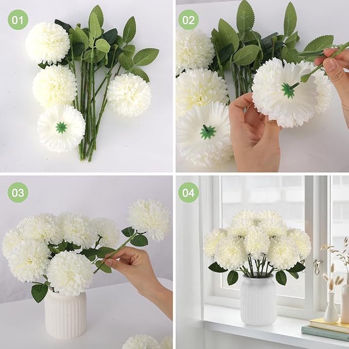 Hananona 12 Pcs Artificial Chrysanthemums Flowers Ball Flower, Fake Mums Flowers White Silk Flowers for Spring Home Decor Indoor Floral Arrangement Table Centerpiece (12, White)