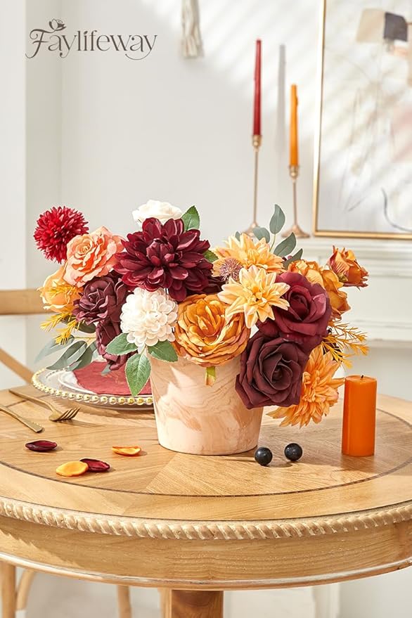 Artificial Flowers, Fall Orange and Red Silk Flowers for DIY Wedding Bridal Bouquets, Fall Fake Cake Flowers for Table Centerpieces Party Home Decorations