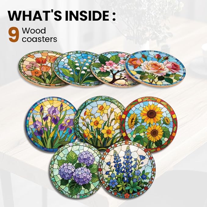 ANATTASOUL Coasters Set of 9 Flowers and Stained Glass Pattern Colorful Wooden Coasters Bulk Round Housewarming Gift for New Home, 3.9" Decorative Coffee Table Protection for Farmhouse Bar Decor