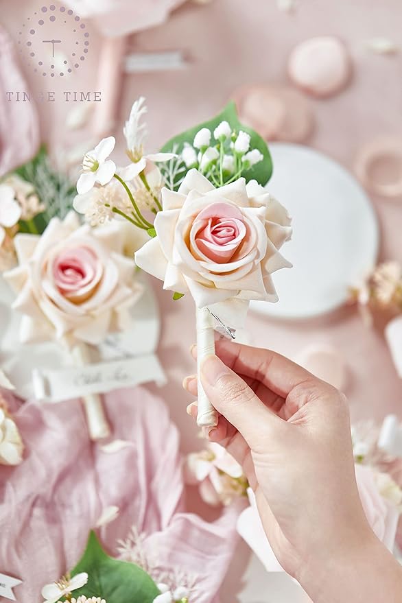 TINGE TIME Boutonniere for Men Wedding,Groom and Best Man Boutonniere for Wedding Ceremony Anniversary, Formal Dinner Party and Rustic Spring Wedding Marriage (10, Sakura Pink)