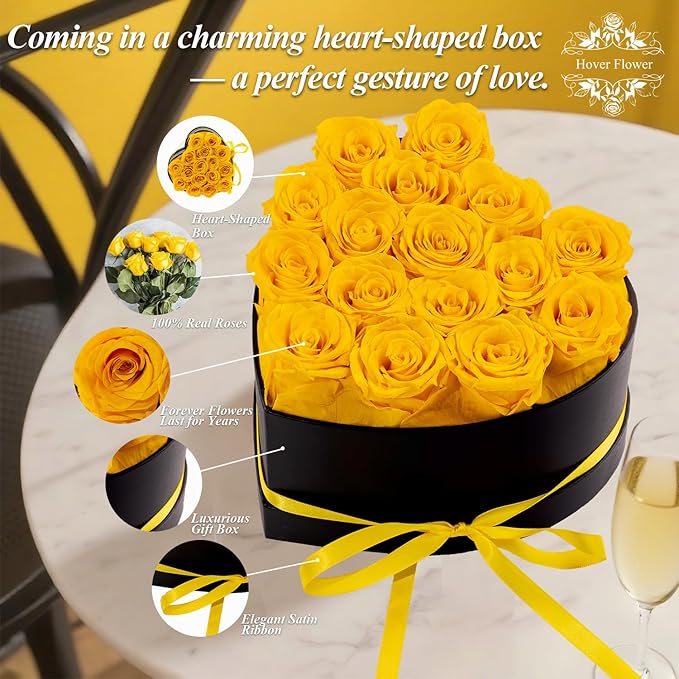 16 Forver Preserved Flowers in a Heart Box, Flowers for Her,Eternal Roses Flowers for Delivery Prime, Flowers Birthday Gifts for Women Mom Grandma Wife - Yellow