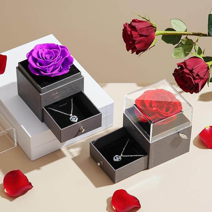 ADDWel Eternal Rose Gifts for Her - Preserved Rose with Silver Heart Pendant Necklace for Wife Girlfriend Mom | You are My Sunshine Music Box for Women - Perfect on Valentines, Birthday, Anniversary