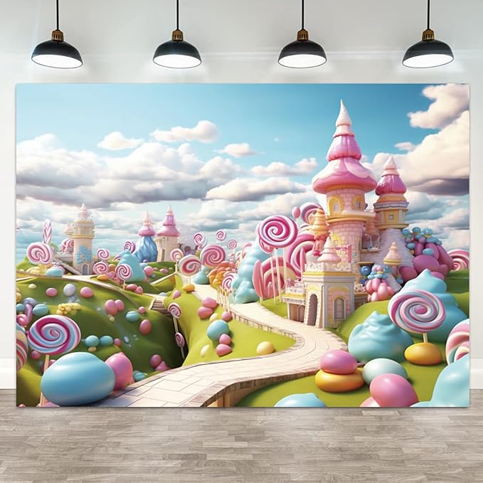 15x8ft Candyland Backdrop Fantasy Candy Castle Photography Background Sweet Lollipop Dream Blue Sky White Cloud Kids Birthday Banner Decorations Baby Shower Newborn Portrait Photo Booth Prop