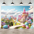 5x4ft Candyland Backdrop Fantasy Candy Castle Photography Background Sweet Lollipop Dream Blue Sky White Cloud Kids Birthday Banner Decorations Baby Shower Newborn Portrait Photo Booth Prop