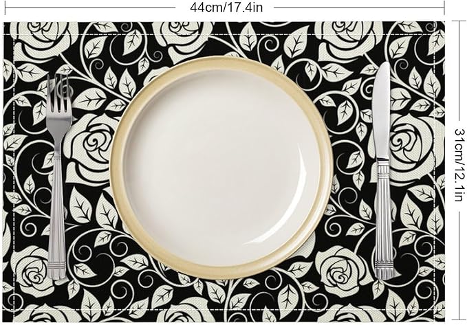 Retro Flowers Placemats Set of 8, 17x12 Inch Modern Aesthetic Black White Florals Leaves Art Print Table Mats for Home Party Kitchen Dining Decor
