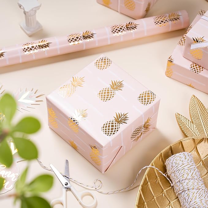 WRAPAHOLIC 30 Inch Jumbo Pineapple Wrapping Paper Roll - 30 Inch x 16.5 Feet - Jumbo Pink and Gold Foil Pineapple Design for Birthday, Wedding, Bridal Shower, Baby Shower