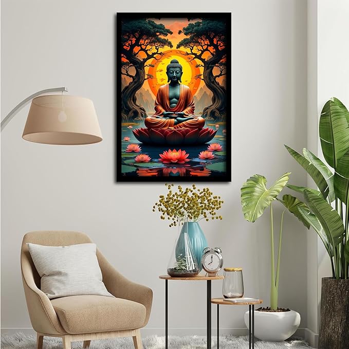 Canvas wall art Golden Buddha on lotus at sunset Ancient trees with reflections on water Serene meditation scene Uplifting wall art for mindfulness and tranquil home decor 12x18in Metal blackFramed