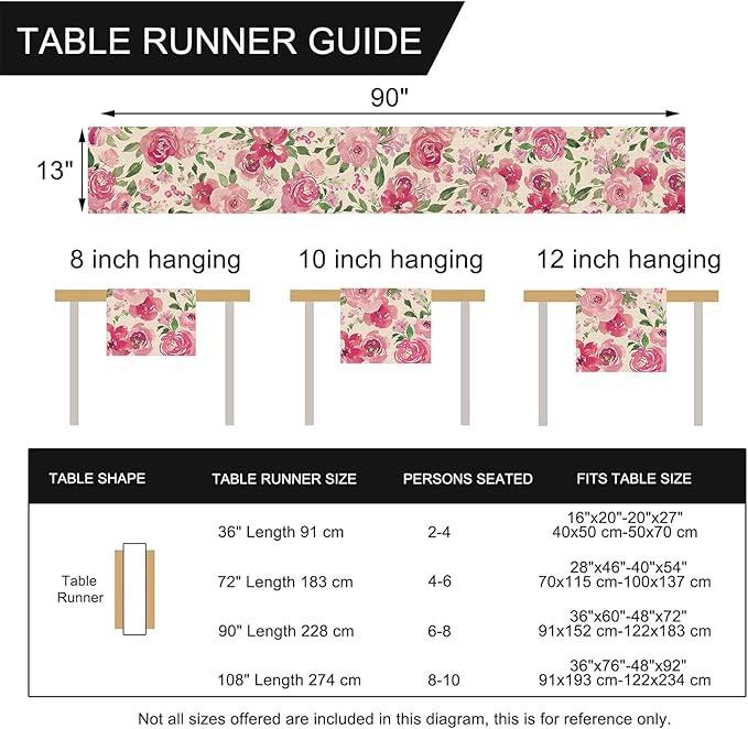 Seliem Spring Summer Watercolor Flower Table Runner, Pink Peony Floral Kitchen Dining Table Decor, Seasonal Burlap Home Decoration Indoor Outdoor Party Supply 13 x 90 Inches