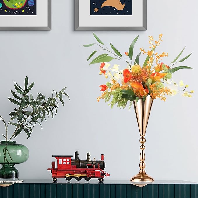 10 Pcs Flower Trumpet Vases Table Decorative Centerpiece Gold Tall Flower Vase, 16.5 Inch Metal Wedding Vases Arrangement Flower Stand for Ceremony Party Birthday, Weddings, Home Decoration