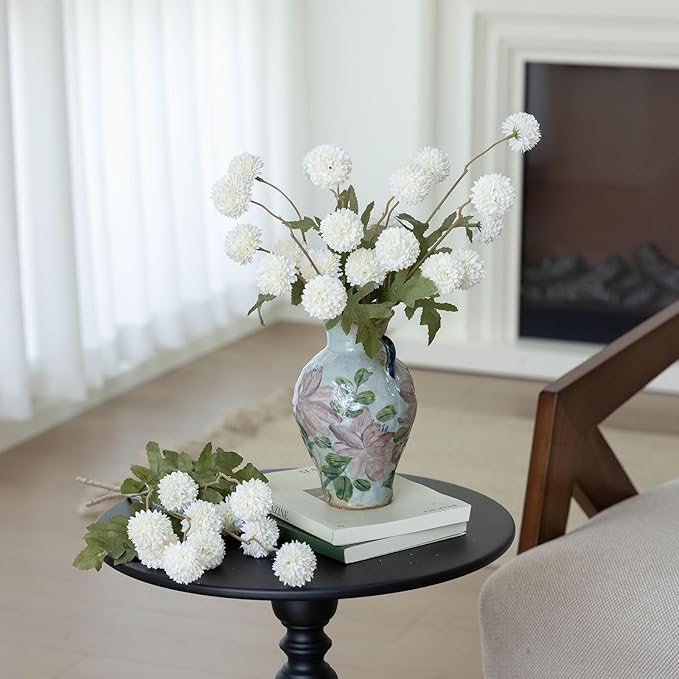 mizii 6Pcs White Fake Silk Pompon Mum Artificial Flowers Bulk Small Faux Chrysanthemums with Stems Realistic Floral Decorations for Wedding DIY Bouquet Centerpieces Shower Vase Home Decor (White)