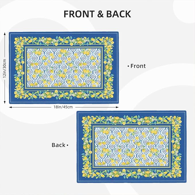 Lemon Placemats Set of 4, Farmhouse Blue Yellow Fruits Spring Summer Double-Sided Table Mats for Kitchen Dining Room Home Party Indoor Decor 4 PCS 12x18 Inch