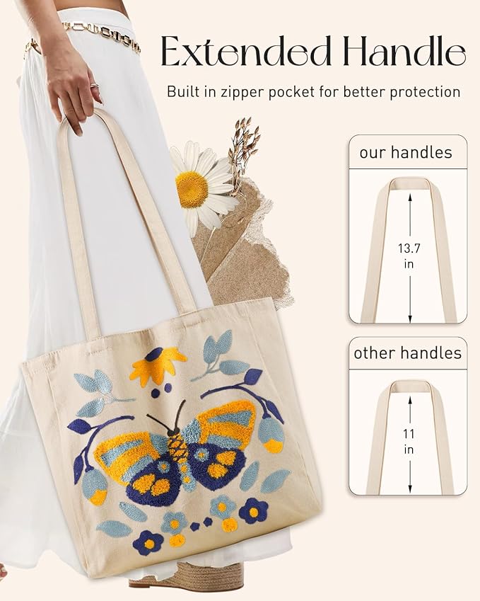 Aesthetic Embroidery Tote Bag for Women - Reusable Canvas Cute Shoulder Bag for Shopping, Grocery, Work, Book