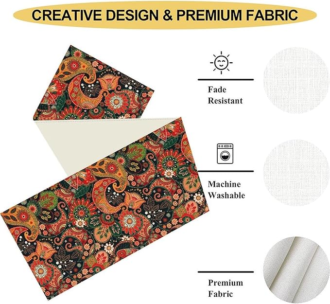Vintage Paisley Table Runner, Colorful Retro Damask Antique Floral Flower Boho Damask Swirled Print Table Center Decor for Family Kitchen Table Decorations Indoor Outdoor 13x36 inch