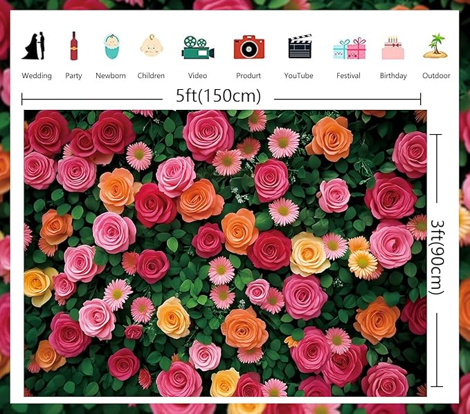 Flowers Backdrop for Photography Colorful Rose Floral Green Leaf Wall Backdrop for Valentine's Day Wedding Bridal Shower Birthday Party Decoration Supplies (60x36 inch (5x3FT))