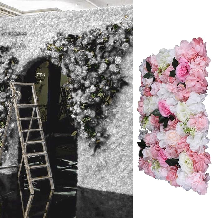 12Pcs 15.75" x 23.62x 0.79 Artificial Flower Wall Panels,Flower Wall Mat Silk Flower Panels for Outdoor Garden Backyard Fence Fence Privacy Screen and Indoor Wall Decor(12Pcs White+Pink)