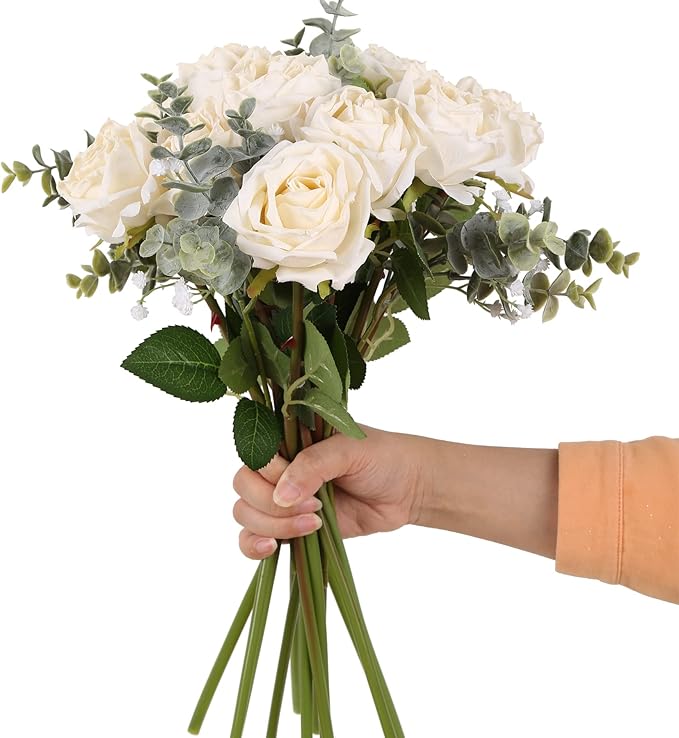 IPOPU White Roses Artificial Flowers 12pcs Vintage Dried White Flowers Artificial Roses Silk Flowers with Single Stem White Fake Rose for Wedding Centerpieces Wall Flowers Decorations (Off White)