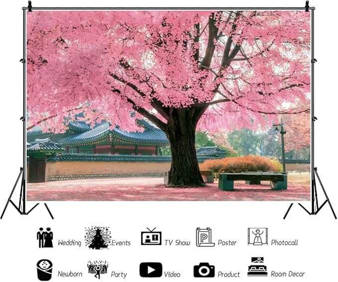 Renaiss 5x3ft Pink Cherry Blossom Backdrop Polyester Fabric Japan Cherry Floral Tree Landscape Palace Asian Themed Party Photography Background Wedding Birthday Party Decor Photo Booth Props