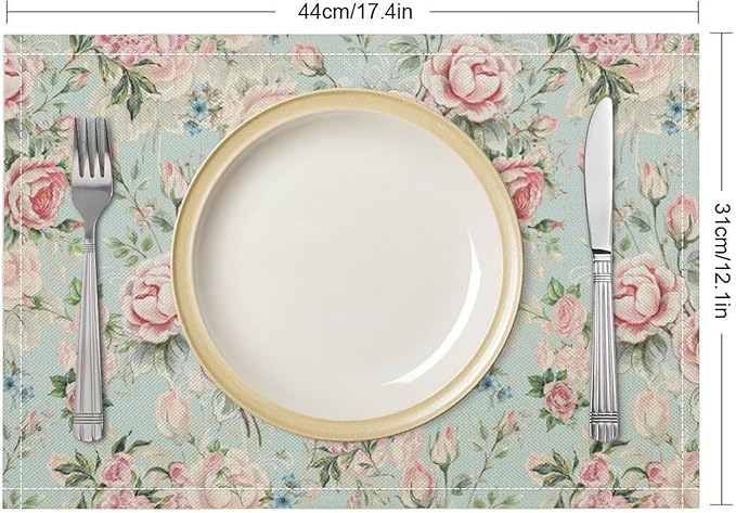Pink Flowers Placemats Set of 8, 17x12 Inch Rustic Spring Floral Blossom Natural Romantic Table Mats for Home Party Kitchen Dining Decor