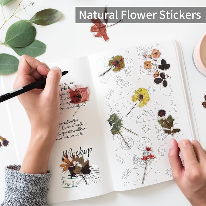Natural PET Flower Stickers for Scrapbooking - Vintage Nature Plant Craft Sticker, Colorful Small Clear Floral Decal for Journaling (Style D)