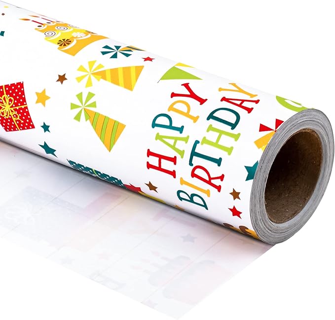 WRAPAHOLIC 30 Inch Birthday Wrapping Paper Roll - Cheerful Happy Birthday Wrapping Paper for Holiday, Party, Baby Shower - 30 Inch x 33 Feet