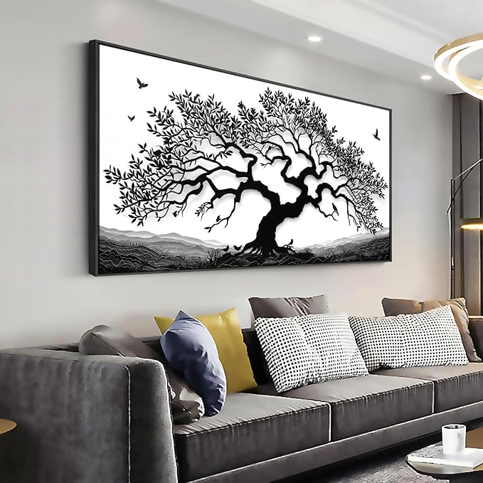 MooMel Wall Art Tree of Life White and Black Abstract Wall Art Canvas Painting for Living Room Bedroom Dining Room Home Office Decor Large Framed Ready to Hang 30"x60"