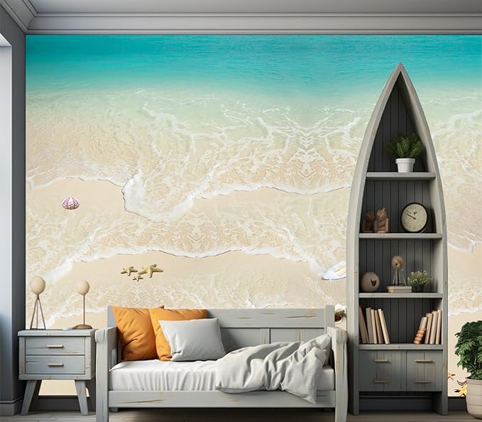 Cliouar-Top View of Background Summer Beach Wave Water Seashore Sand Beach Peel and Stick 90" x 67"