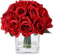 18 Heads Artificial Rose Flowers in Vase, Fake Rose Floral Arrangement in Vase with Fake Water for Dining Table Wedding Home Decor (Red)
