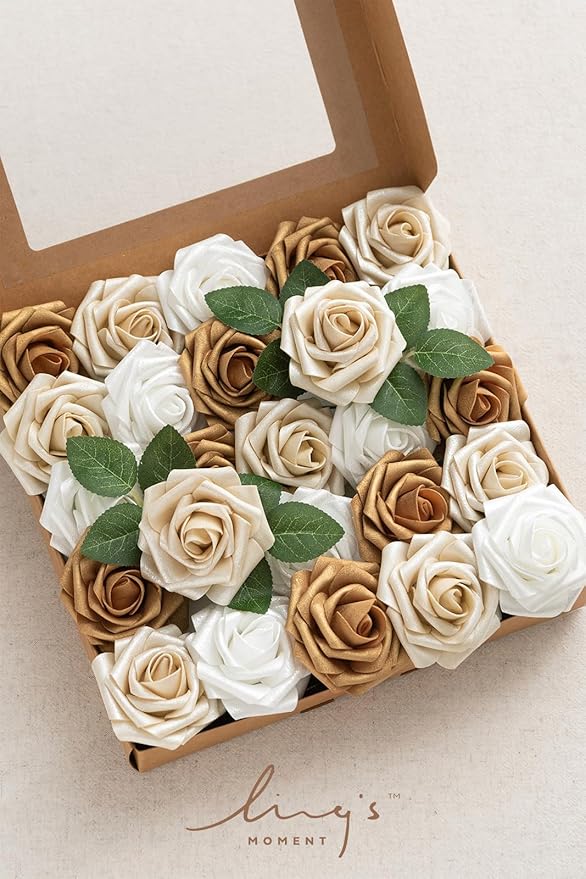 Ling's moment Artificial Flowers 25Pcs Gold Roses Decor w/Stems,3" Real Touch DIY Foam Floral for Wedding Bouquet/Centerpieces, Outdoors Party Backdrop, Room/Table, and Garden/Pot Decorations