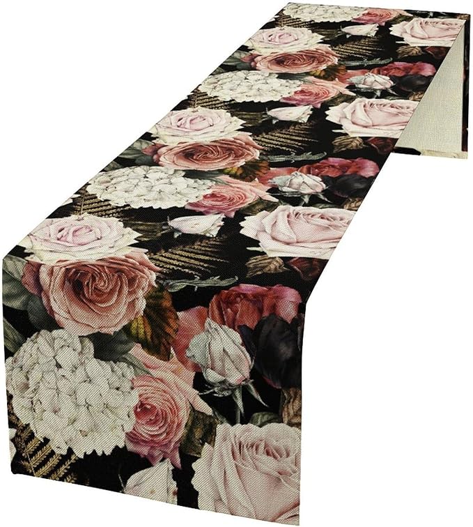 Gothic Flower Table Runner, Vintage Peony Rose Rustic Farmhouse Natural Spring Black Floral Leaves Table Runner for Home Indoor Outdoor Party Wedding Decor, 13x120inch