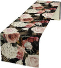 Gothic Flower Table Runner, Vintage Peony Rose Rustic Farmhouse Natural Spring Black Floral Leaves Table Runner for Home Indoor Outdoor Party Wedding Decor, 13x90inch