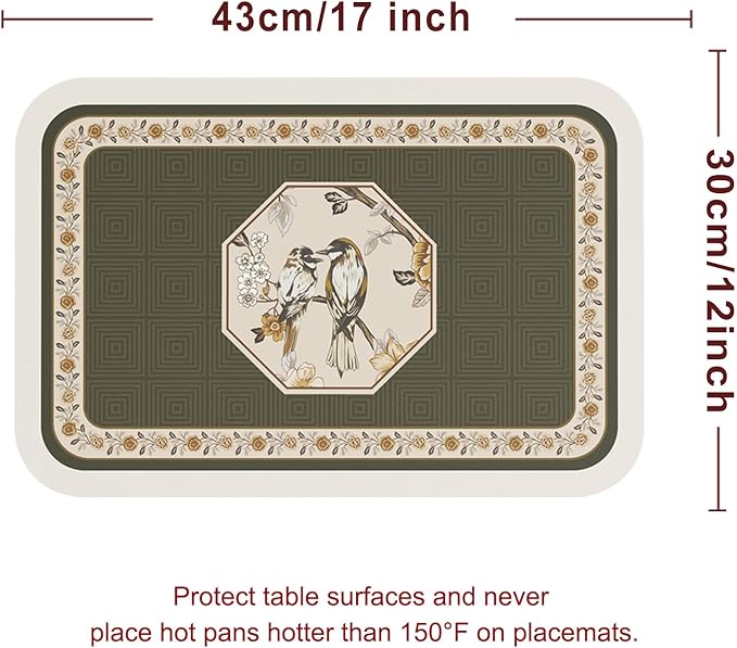 ISAENNE PVC Placemats Set of 6,Rectangular Flower and Bird Print Placemats, Waterproof and Heat-Resistant Place Mats,Decoration for Kitchen, Dining, Parties, Holiday,12"*17"