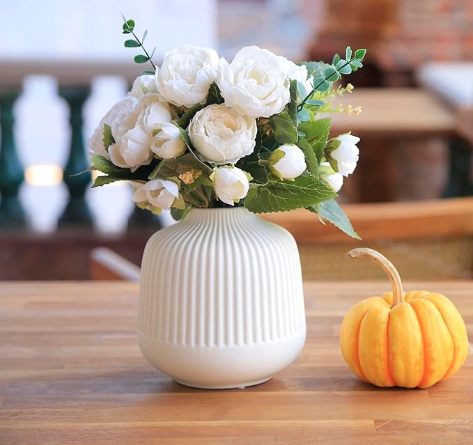 Matte White Vases Home Decor Stripe Centerpieces Modern Boho Ceramic Set of 2 for Flowers Pampas Grass Table Mantle Kitchen Porcelain