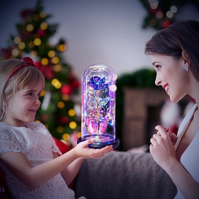 Womens Gifts for Christmas, Christmas Rose Gift for Women Birthday Gift Galaxy Glass Rose Forever Eternal Crystal Flower Light Up Roses in Glass Dome Purple Xmas Gifts for Mom Grandma Wife Her Sister